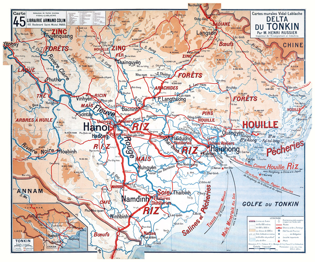 Carte Vidal Lablache 45 - DELTA DU TONKIN - 120 x 100 cm (reproduction ancienne carte scolaire)