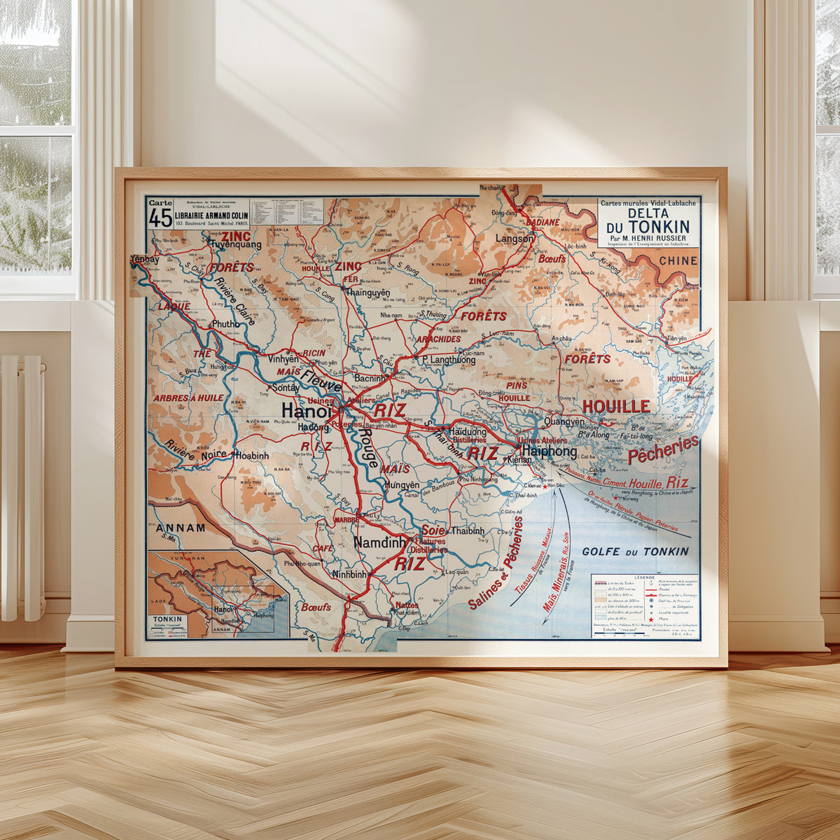Carte Vidal Lablache 45 - DELTA DU TONKIN - 120 x 100 cm (reproduction ancienne carte scolaire)