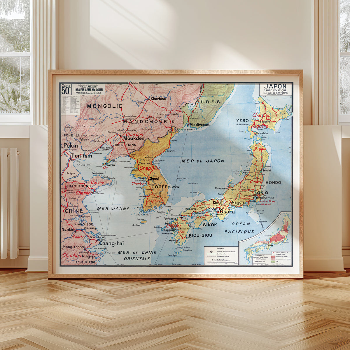 Carte Vidal Lablache 50 BIS - JAPON POLITIQUE - 120 x 100 cm (reproduction ancienne carte scolaire)