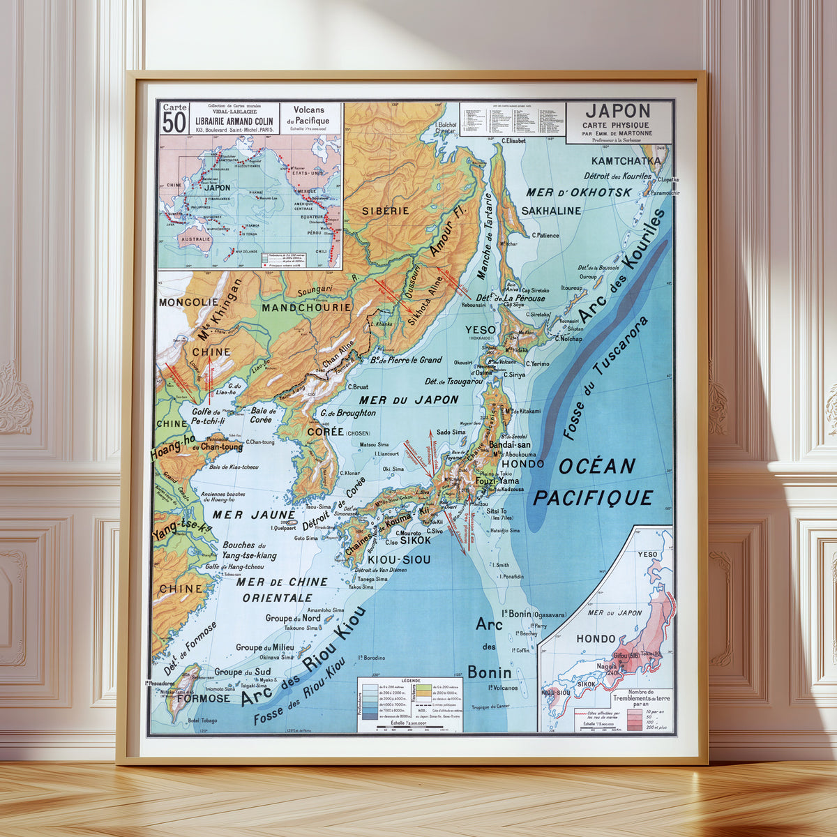 Carte Vidal Lablache 50 - JAPON PHYSIQUE - 100 x 120 cm (reproduction ancienne carte scolaire)