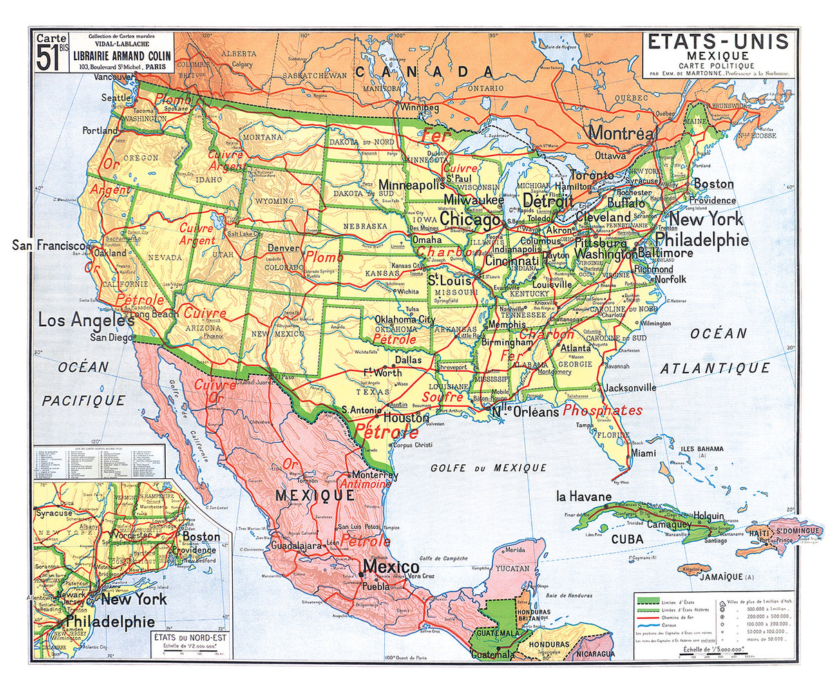 Carte Vidal Lablache 51 BIS - ETATS-UNIS MEXIQUE - CARTE POLITIQUE - 120 x 100 cm (reproduction ancienne carte scolaire)