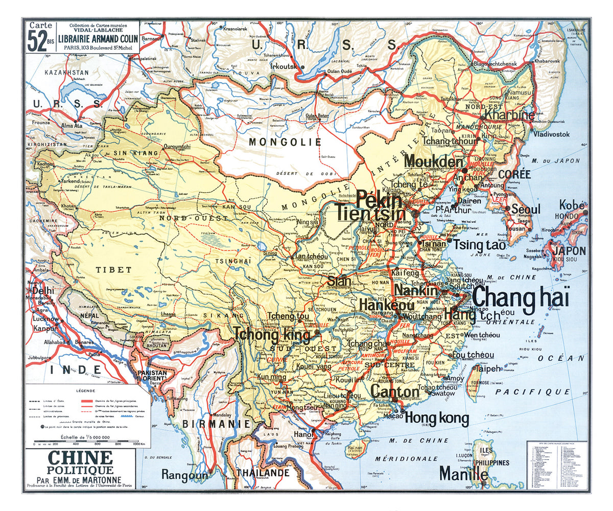 Carte Vidal Lablache 52 BIS - CHINE POLITIQUE - 120 x 100 cm (reproduction ancienne carte scolaire)