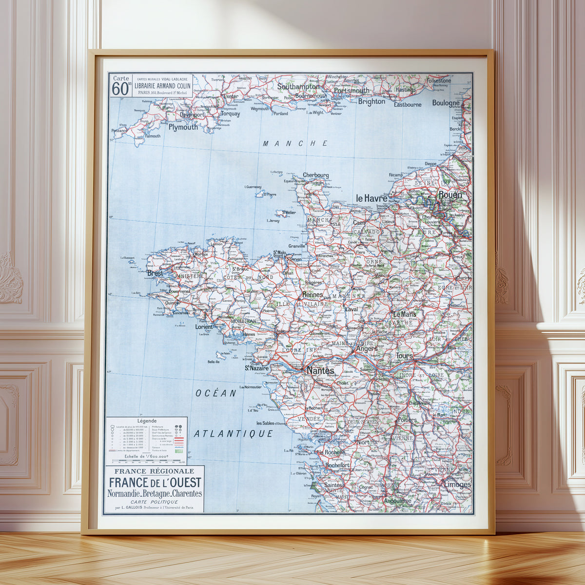 Carte Vidal Lablache 60 BIS - FRANCE DE L'OUEST - POLITIQUE - 100 x 120 cm (reproduction ancienne carte scolaire)