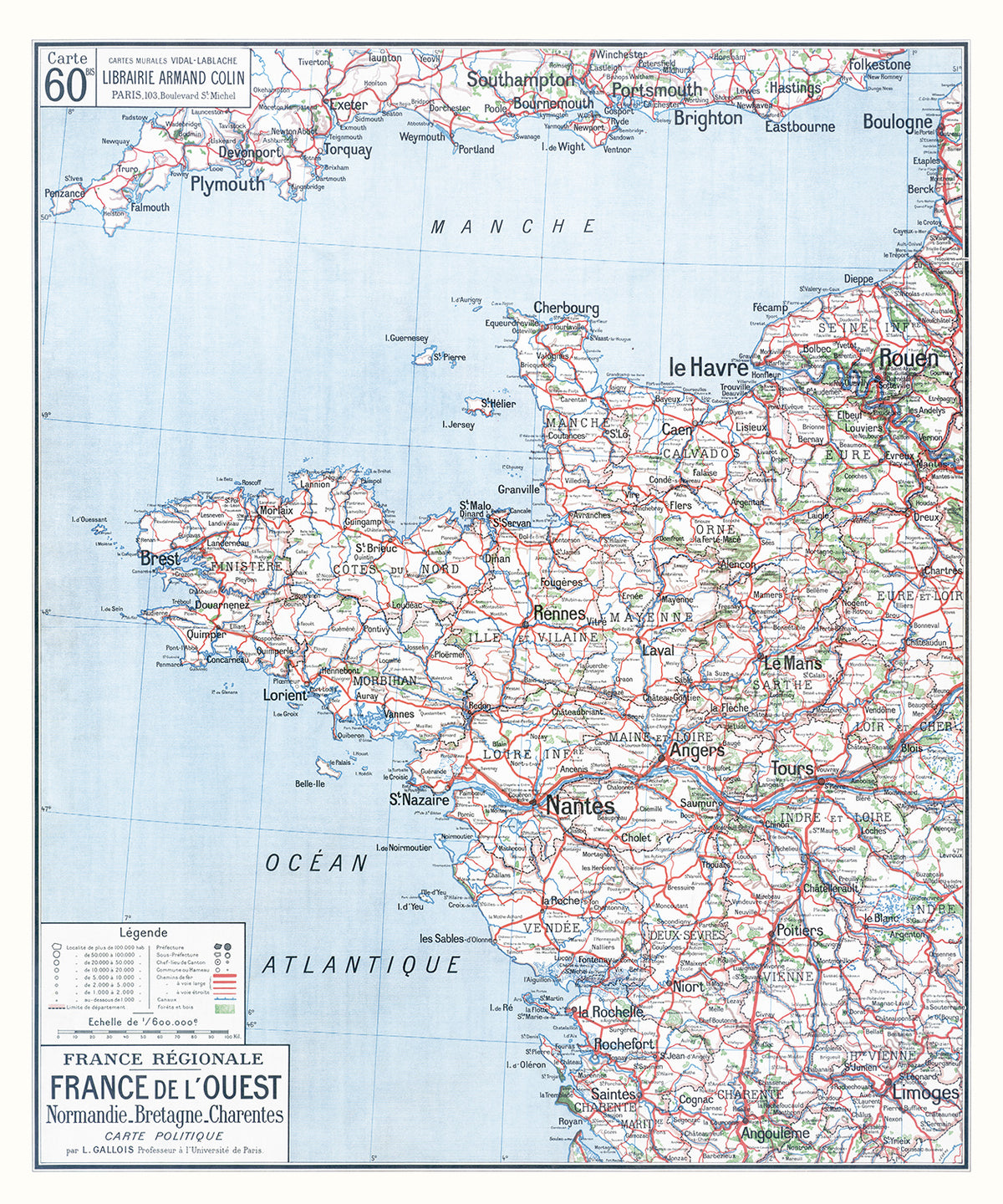 Carte Vidal Lablache 60 BIS - FRANCE DE L'OUEST - POLITIQUE - 100 x 120 cm (reproduction ancienne carte scolaire)