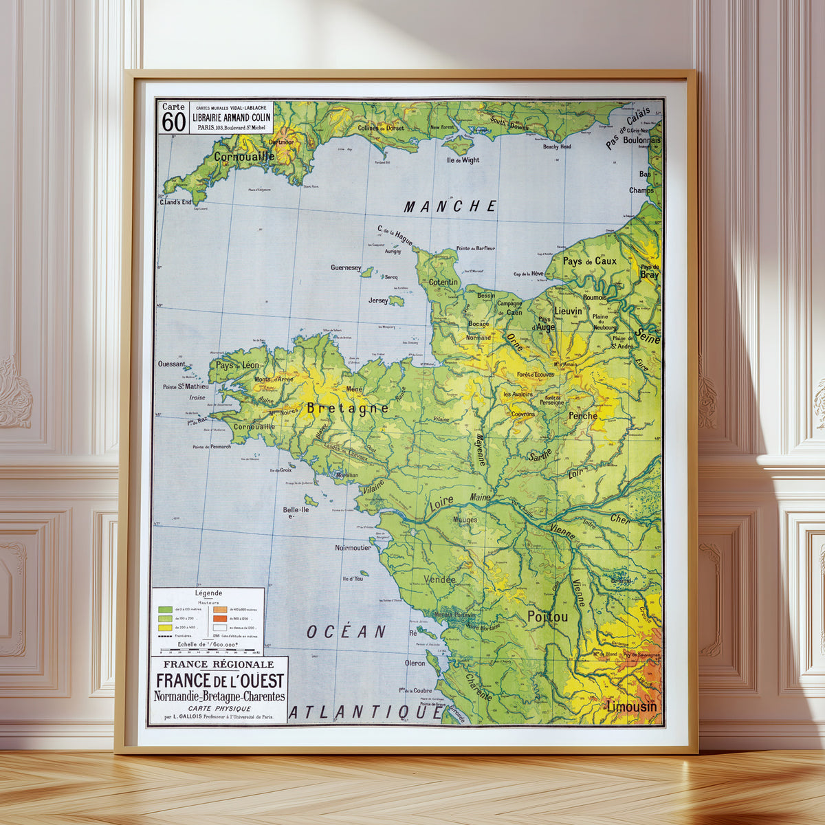 Carte Vidal Lablache 60 - FRANCE DE L'OUEST - PHYSIQUE - 100 x 120 cm (reproduction ancienne carte scolaire)