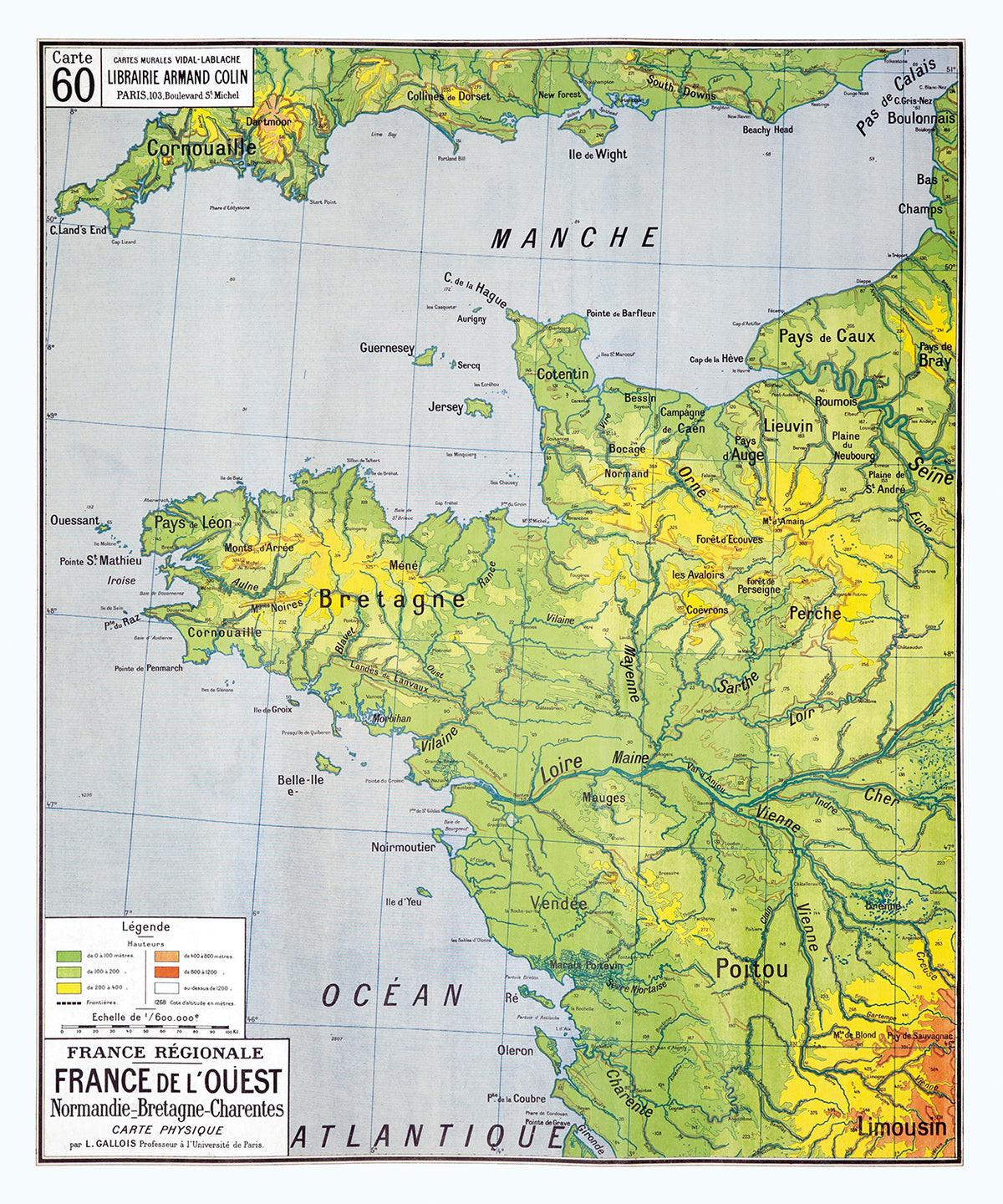 Carte Vidal Lablache 60 - FRANCE DE L'OUEST - PHYSIQUE - 100 x 120 cm (reproduction ancienne carte scolaire)