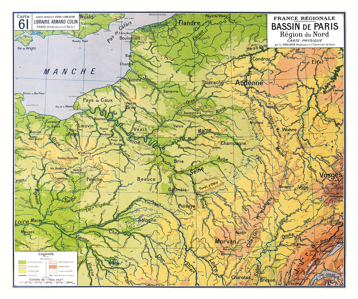 Carte Vidal Lablache 61 - BASSIN DE PARIS - PHYSIQUE - 120 x 100 cm (reproduction ancienne carte scolaire)