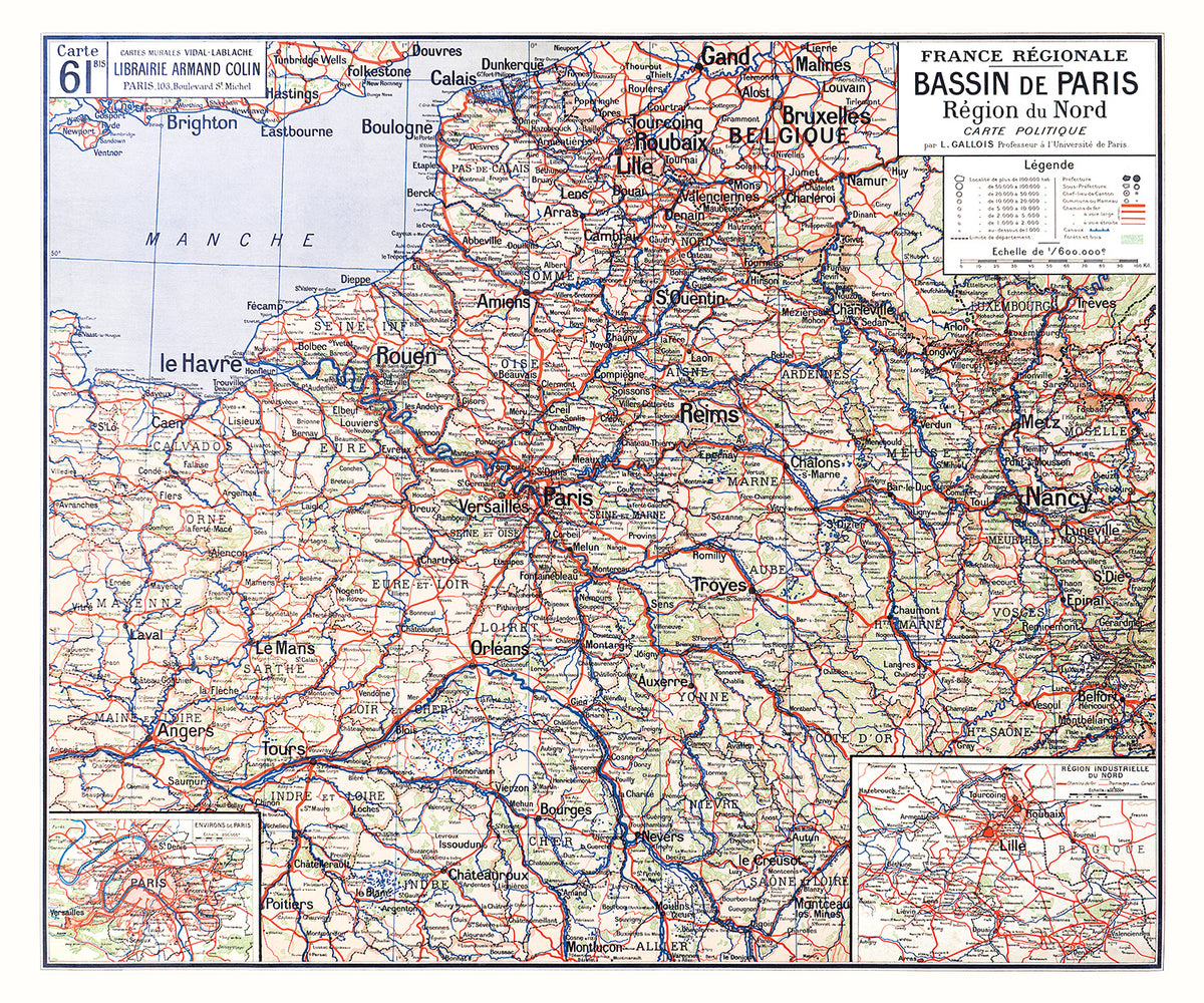Carte Vidal Lablache 61 BIS - BASSIN DE PARIS - POLITIQUE - 120 x 100 cm (reproduction ancienne carte scolaire)