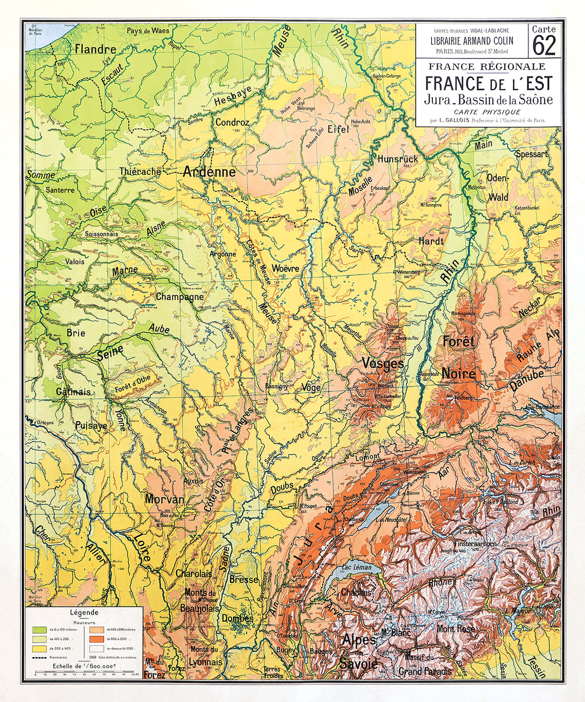 Carte Vidal Lablache 62 - FRANCE DE L'EST - PHYSIQUE - 100 x 120 cm (reproduction ancienne carte scolaire)