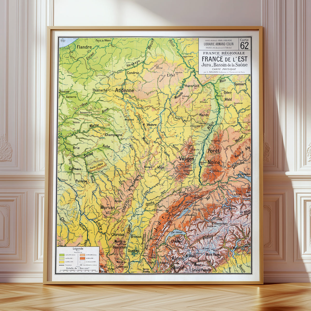 Carte Vidal Lablache 62 - FRANCE DE L'EST - PHYSIQUE - 100 x 120 cm (reproduction ancienne carte scolaire)