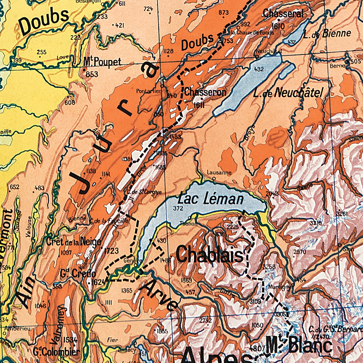 Carte Vidal Lablache 62 - FRANCE DE L'EST - PHYSIQUE - 100 x 120 cm (reproduction ancienne carte scolaire)
