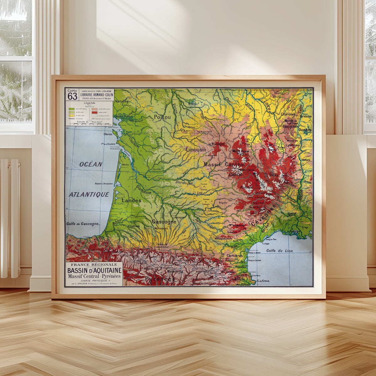 Carte Vidal Lablache 63 - BASSIN D'AQUITAINE - PHYSIQUE - 120 x 100 cm (reproduction ancienne carte scolaire)
