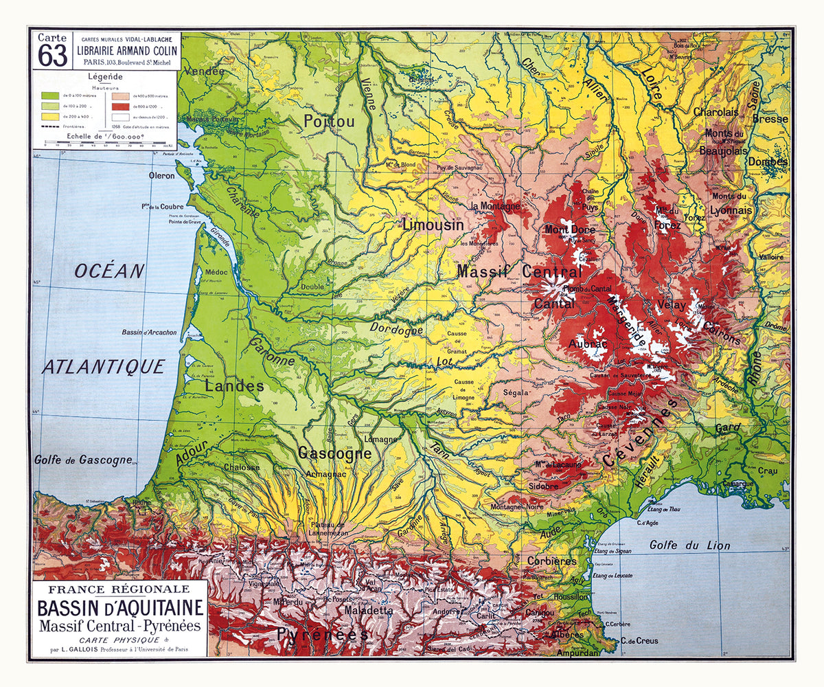Carte Vidal Lablache 63 - BASSIN D'AQUITAINE - PHYSIQUE - 120 x 100 cm (reproduction ancienne carte scolaire)