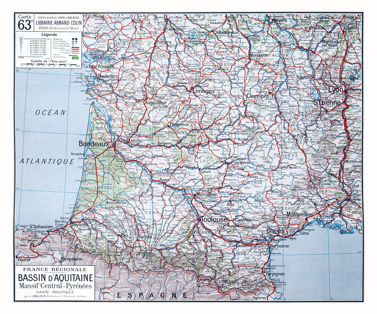 Carte Vidal Lablache 63 BIS - BASSIN D'AQUITAINE - POLITIQUE - 120 x 100 cm (reproduction ancienne carte scolaire)