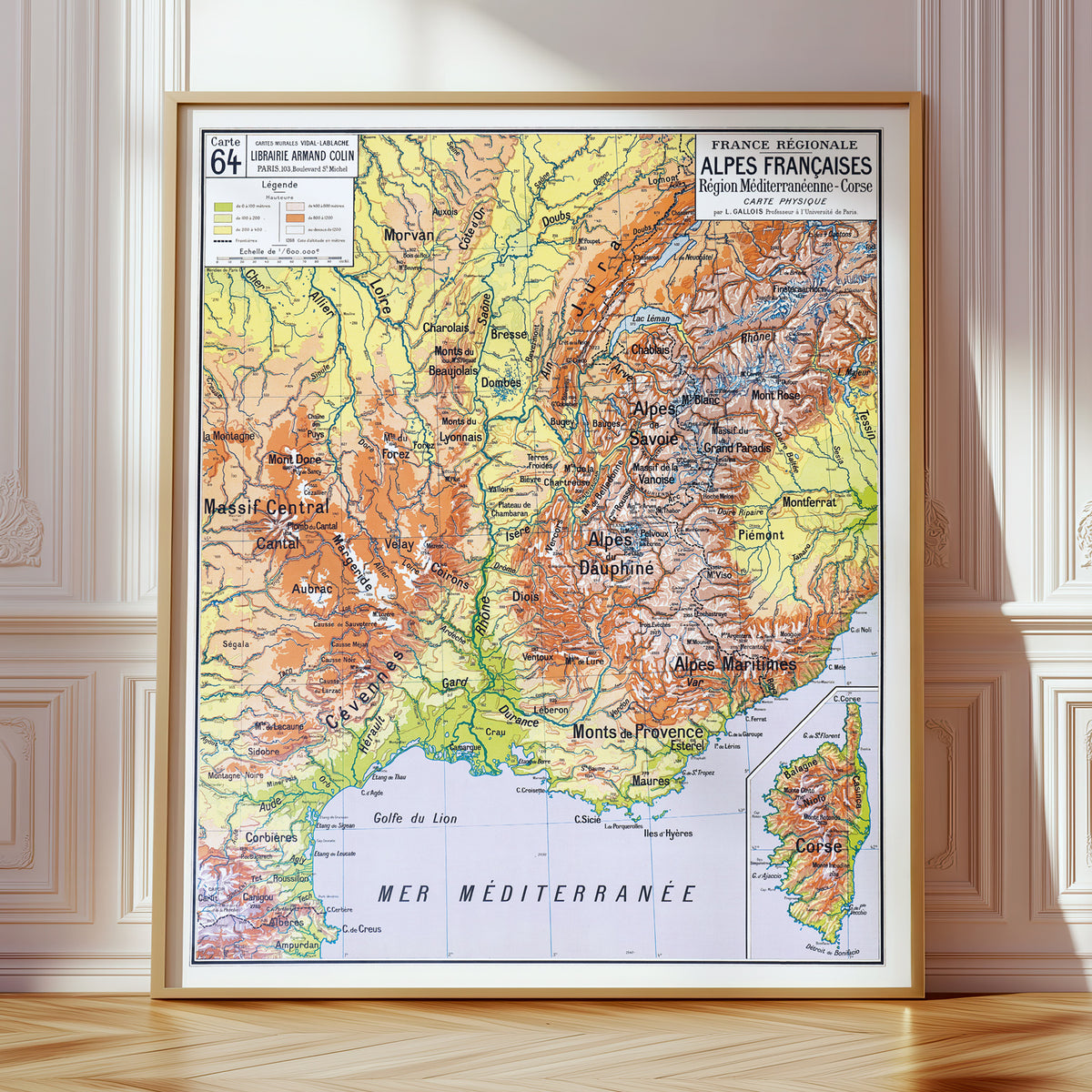 Carte Vidal Lablache 64 - ALPES FRANCAISES - PHYSIQUE - 100 x 120 cm (reproduction ancienne carte scolaire)