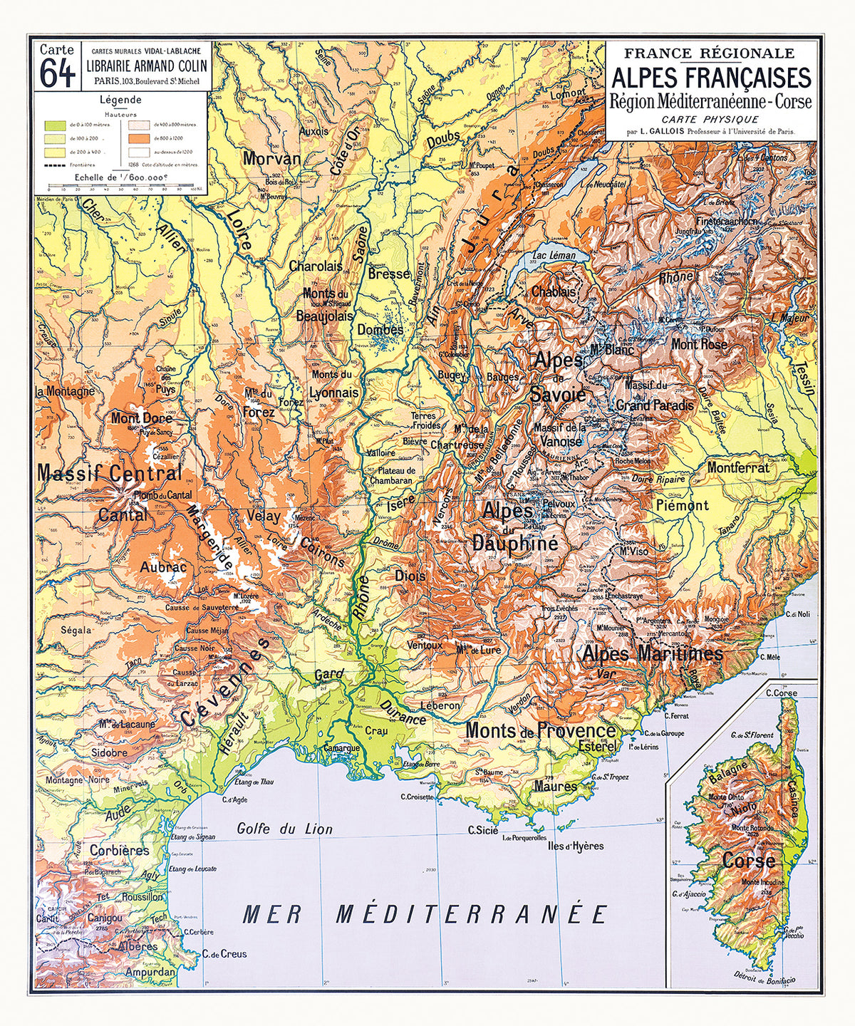 Carte Vidal Lablache 64 - ALPES FRANCAISES - PHYSIQUE - 100 x 120 cm (reproduction ancienne carte scolaire)