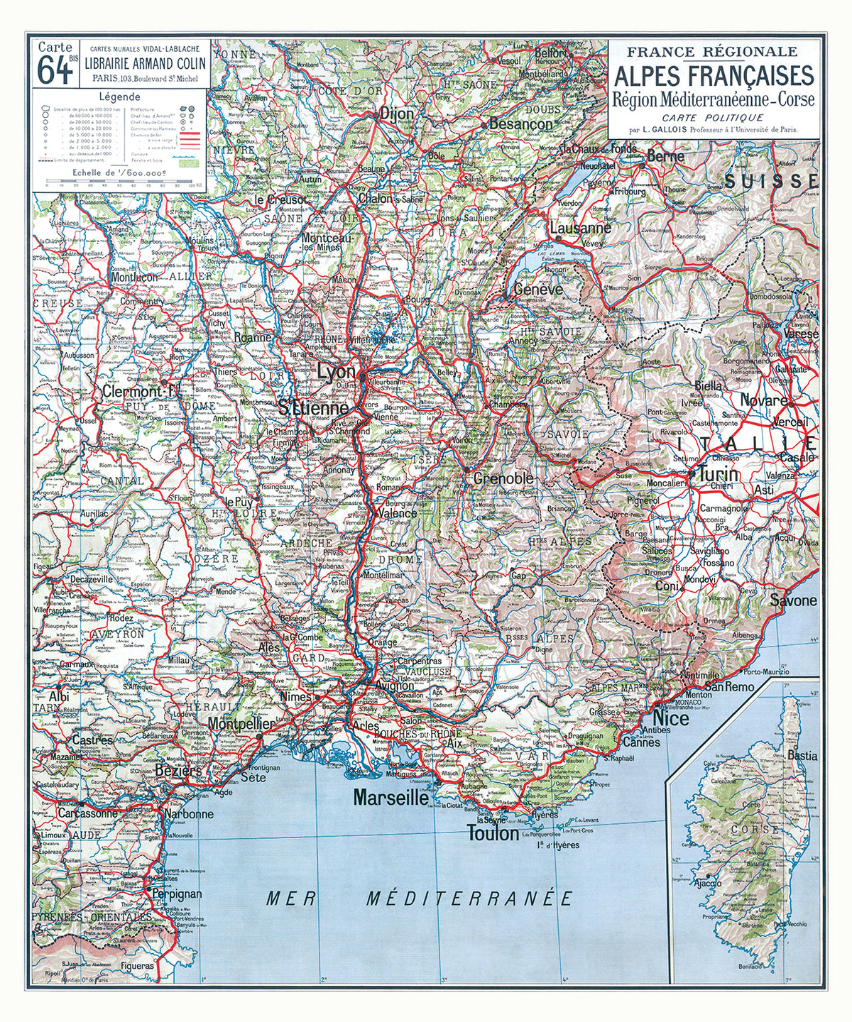 Carte Vidal Lablache 64 BIS - ALPES FRANCAISES - POLITIQUE - 100 x 120 cm (reproduction ancienne carte scolaire)