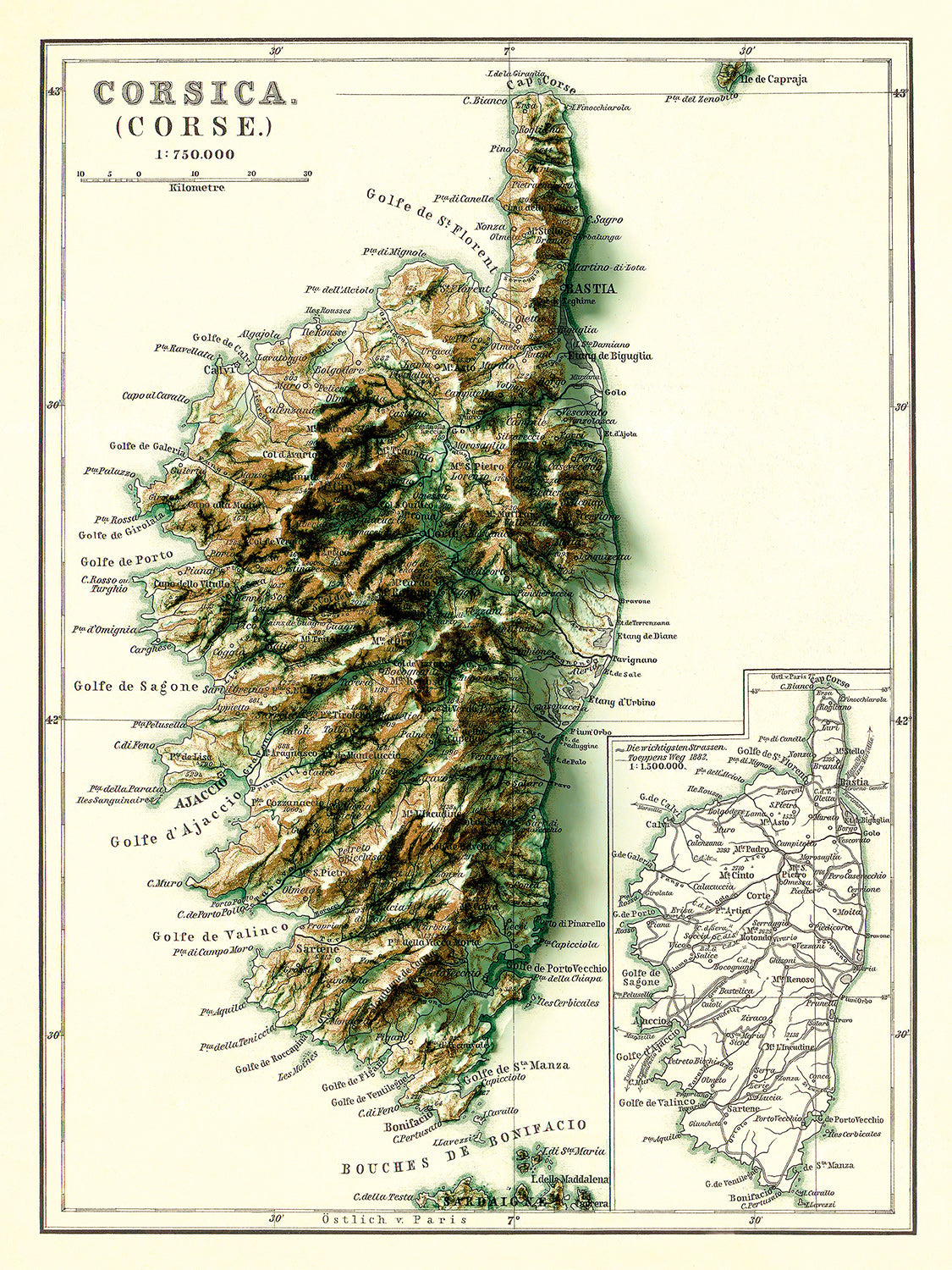Carte de la CORSE - Effet 3D - 90 x 120 cm (reproduction ancienne carte scolaire)