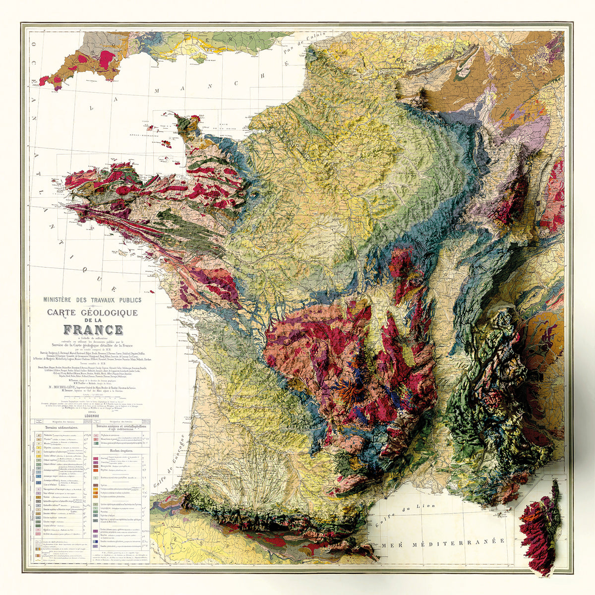Carte GEOLOGIQUE de la FRANCE - Effet 3D - 120 x 120 cm (reproduction ancienne carte scolaire)