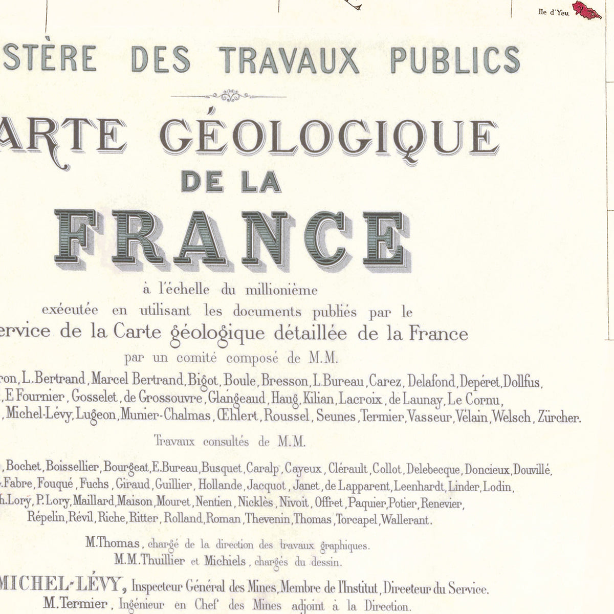 Carte GEOLOGIQUE de la FRANCE - Effet 3D - 120 x 120 cm (reproduction ancienne carte scolaire)