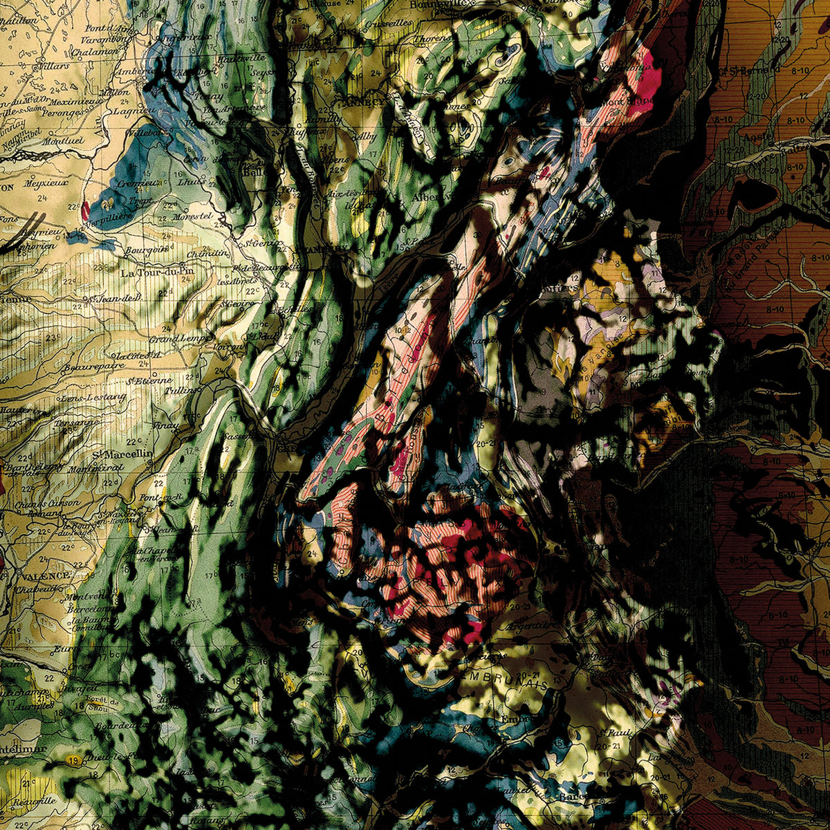 Carte GEOLOGIQUE de la FRANCE - Effet 3D - 120 x 120 cm (reproduction ancienne carte scolaire)