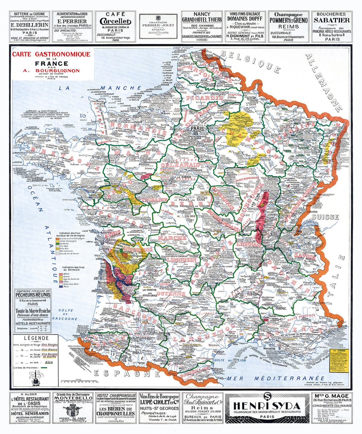Carte GASTRONOMIQUE de la FRANCE - 100 x 120 cm (reproduction ancienne carte scolaire)