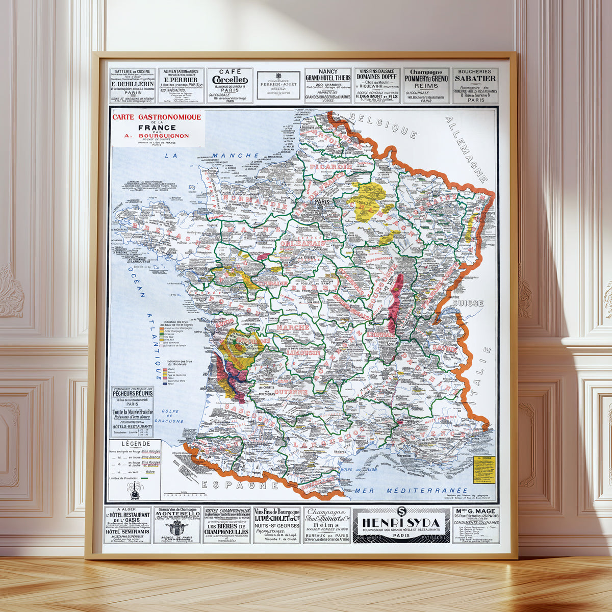 Carte GASTRONOMIQUE de la FRANCE - 100 x 120 cm (reproduction ancienne carte scolaire)