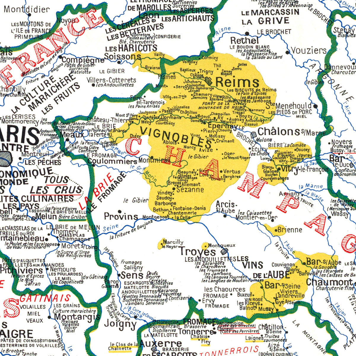 Carte GASTRONOMIQUE de la FRANCE - 100 x 120 cm (reproduction ancienne carte scolaire)