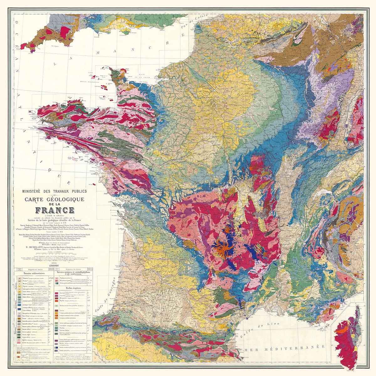 Carte GEOLOGIQUE de la FRANCE - 105 x 100 cm (reproduction ancienne carte scolaire)