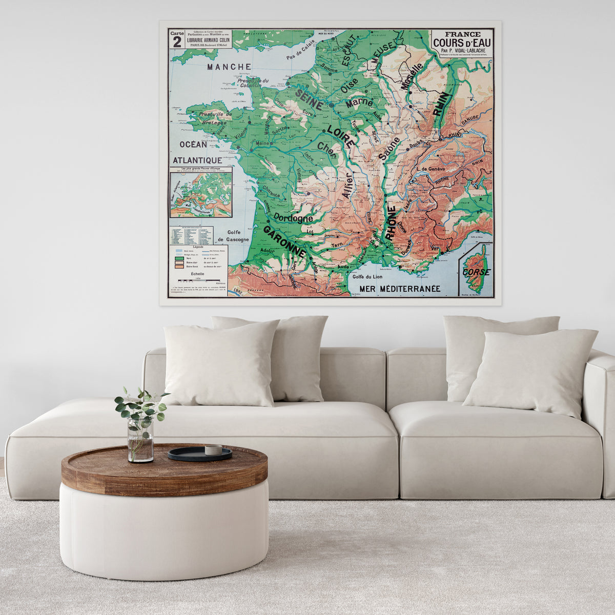 Carte Vidal Lablache 2 - FRANCE COURS D'EAU - 120 x 100 cm (reproduction ancienne carte scolaire)