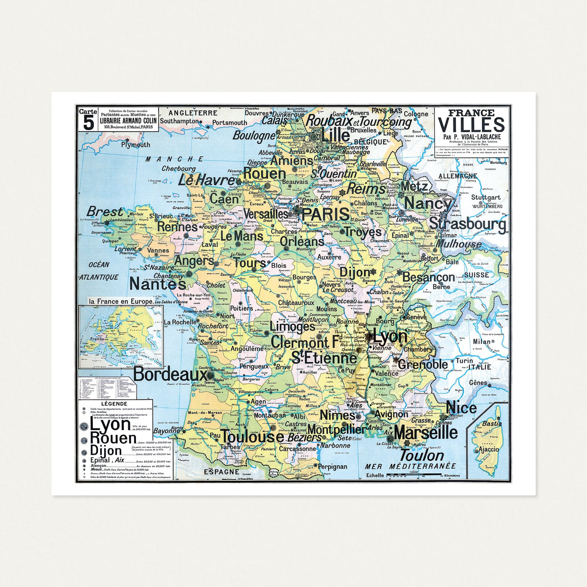 Carte Vidal Lablache 5 - FRANCE VILLES - 120 x 100 cm (reproduction ancienne carte scolaire)