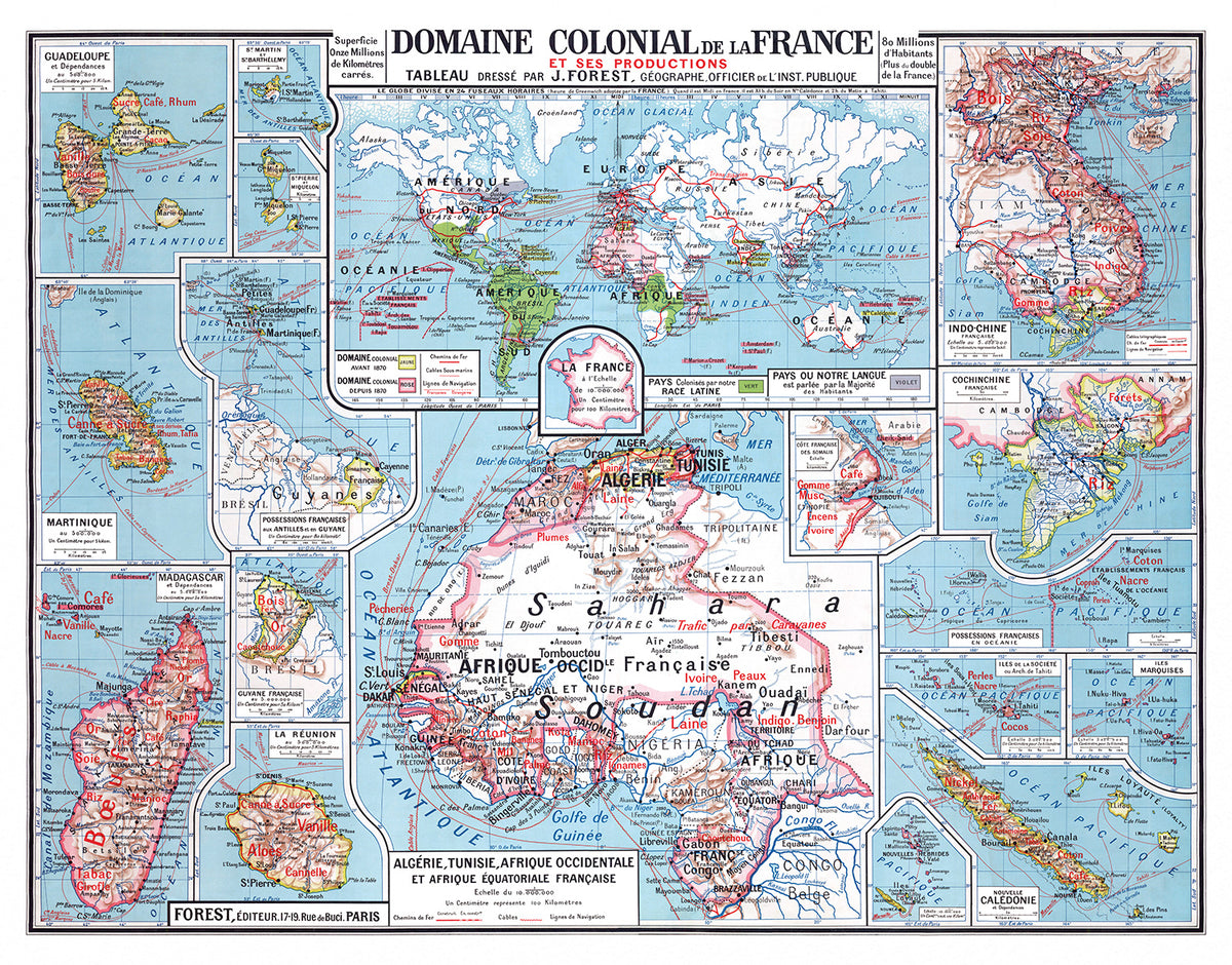 DOMAINE COLONIAL DE FRANCE ET SES PRODUCTIONS dressé par Joseph FOREST en 1911 - 120 x 94 cm (reproduction ancien tableau)
