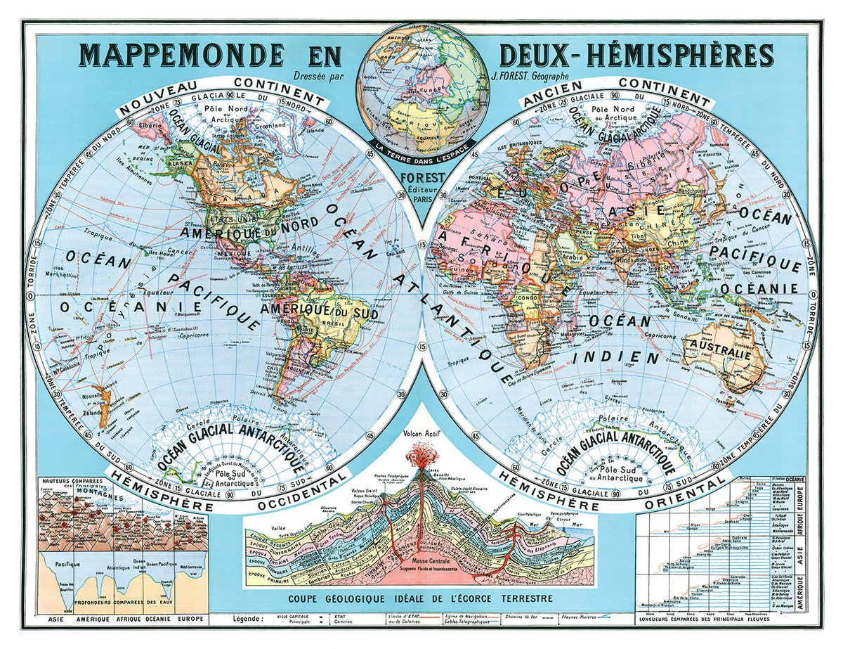MAPPEMONDE EN DEUX HEMISPHERES par Joseph FOREST  - 130 x 100 cm (reproduction ancienne carte scolaire)