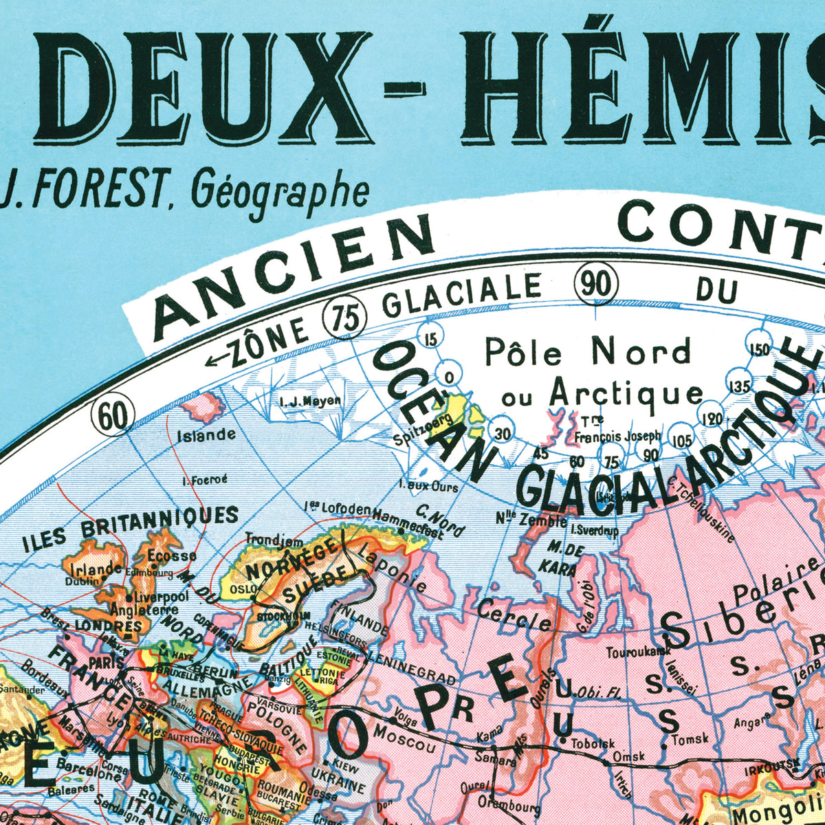 MAPPEMONDE EN DEUX HEMISPHERES par Joseph FOREST  - 130 x 100 cm (reproduction ancienne carte scolaire)