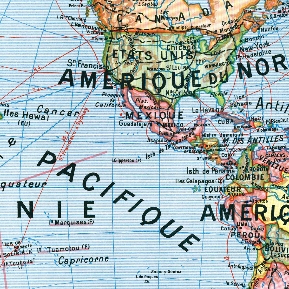 MAPPEMONDE EN DEUX HEMISPHERES par Joseph FOREST  - 130 x 100 cm (reproduction ancienne carte scolaire)