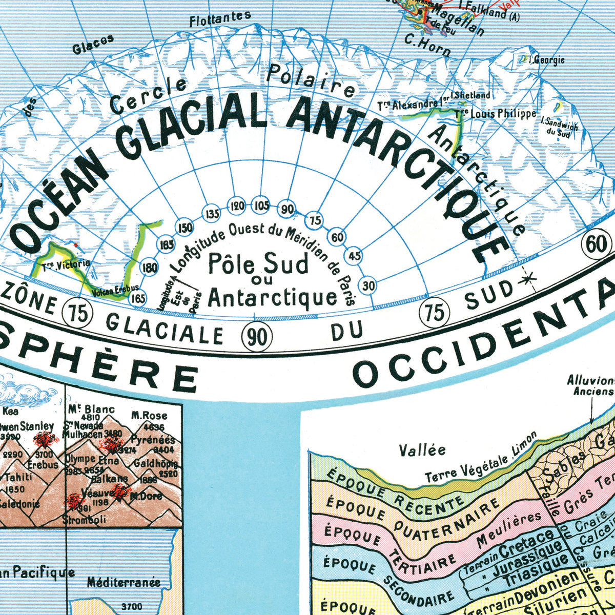 MAPPEMONDE EN DEUX HEMISPHERES par Joseph FOREST  - 130 x 100 cm (reproduction ancienne carte scolaire)