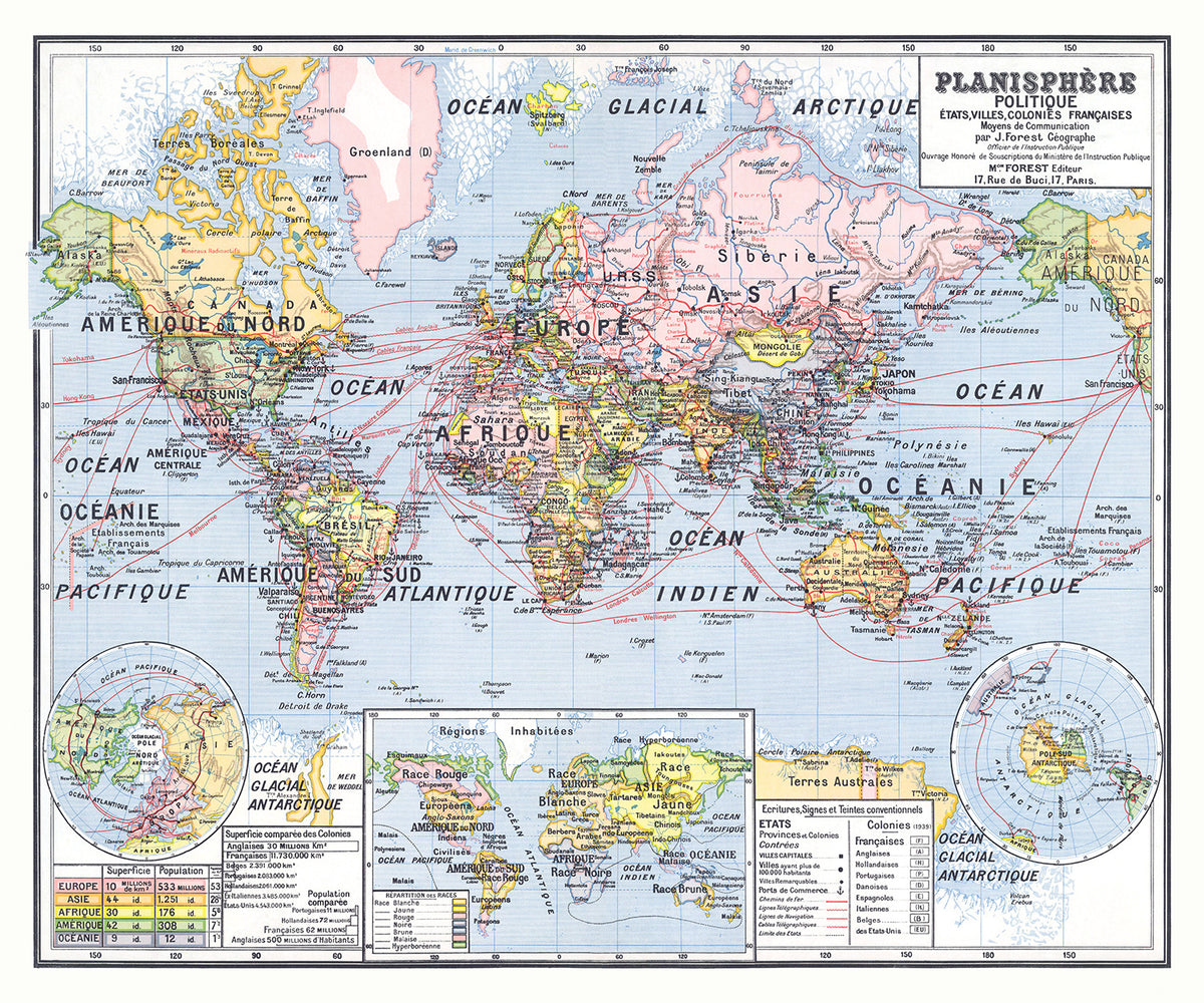 Planisphere Politique Etats Villes et Colonies Francaise - J. Forest
