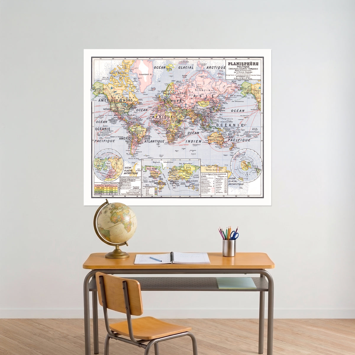 Planisphere Politique Etats Villes et Colonies Francaise - J. Forest