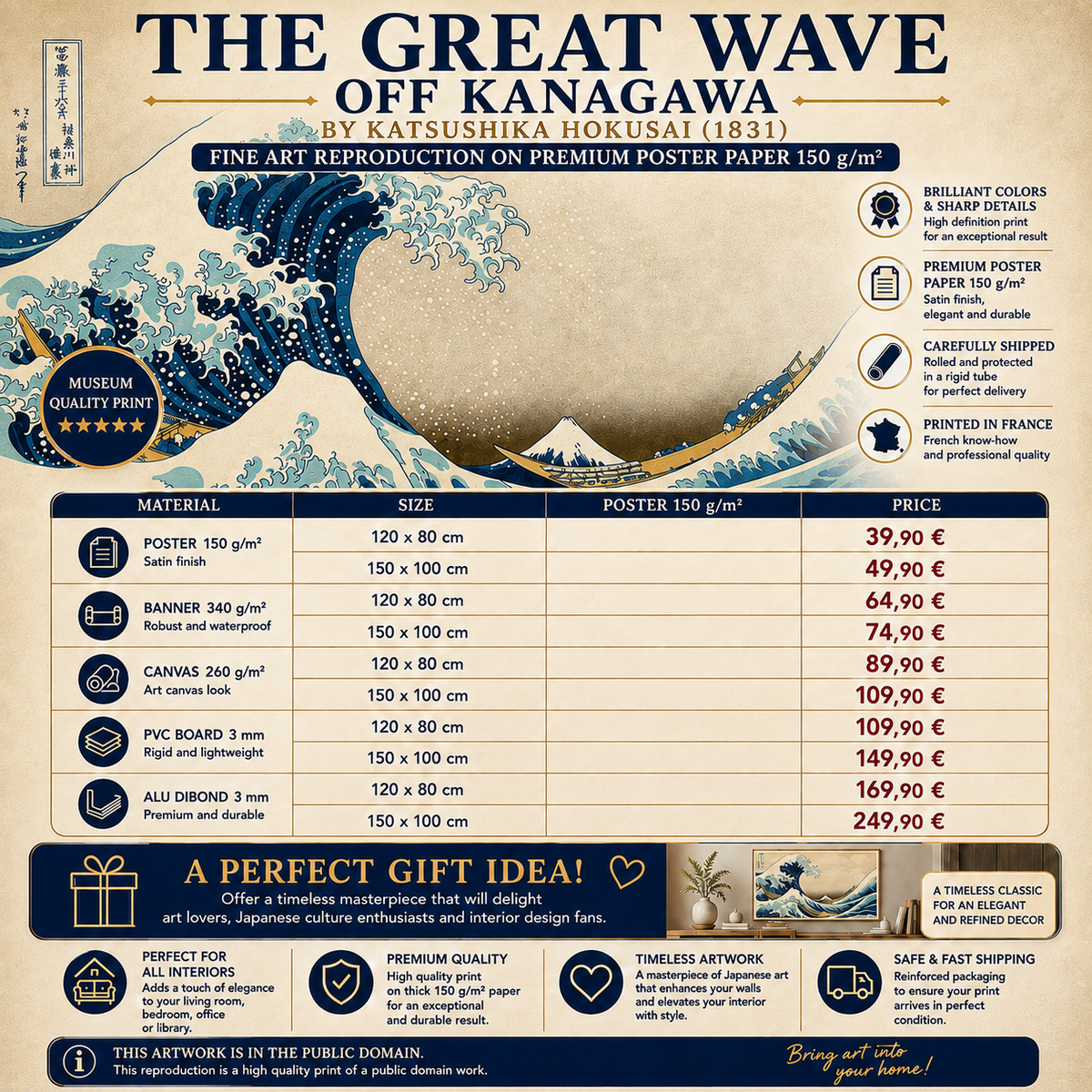 The Great Wave off Kanagawa Hokusai – XXL Wall Art – 120 x 80 cm or 150 x 100 cm