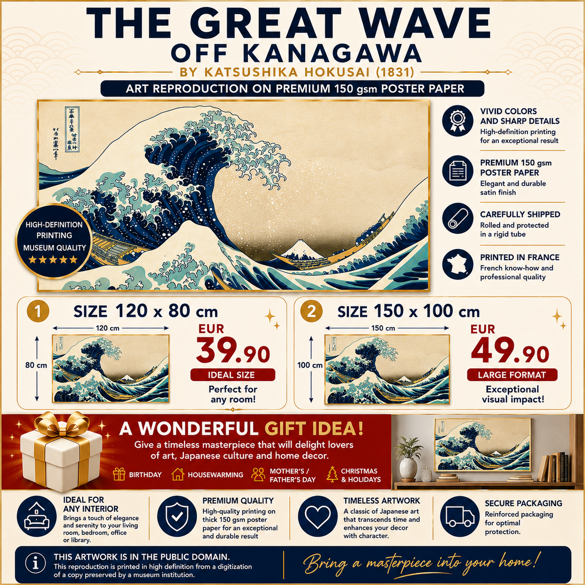 The Great Wave off Kanagawa Hokusai – XXL Wall Art – 120 x 80 cm or 150 x 100 cm