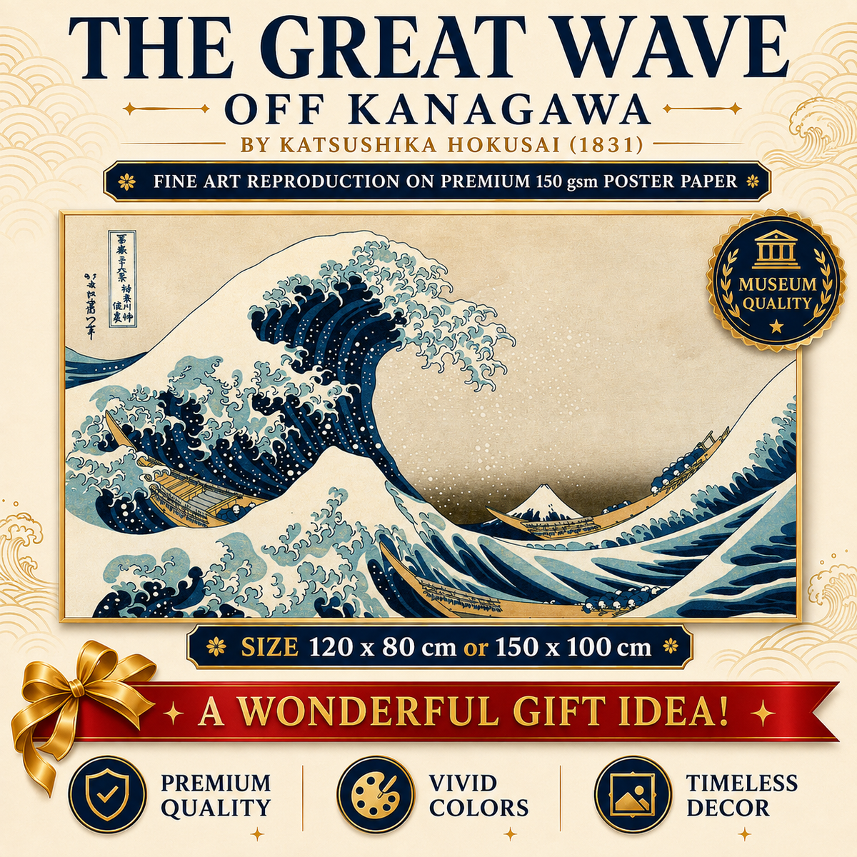 The Great Wave off Kanagawa Hokusai – XXL Wall Art – 120 x 80 cm or 150 x 100 cm