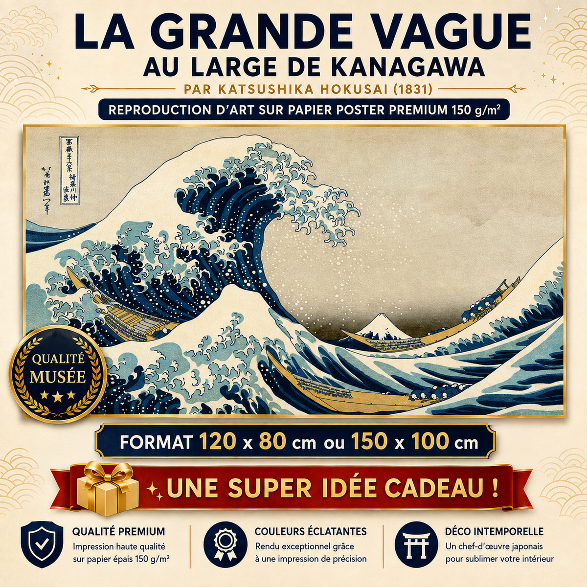 Grande Vague de Kanagawa Hokusai – Décoration Murale XXL – 120 x 80 cm ou 150 x 100 cm