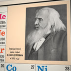 Tableau périodique Mendeleïev 1972 – 120 x 100 cm – version russe – aspect neuf – zoom sur le portrait de Mendeleïev