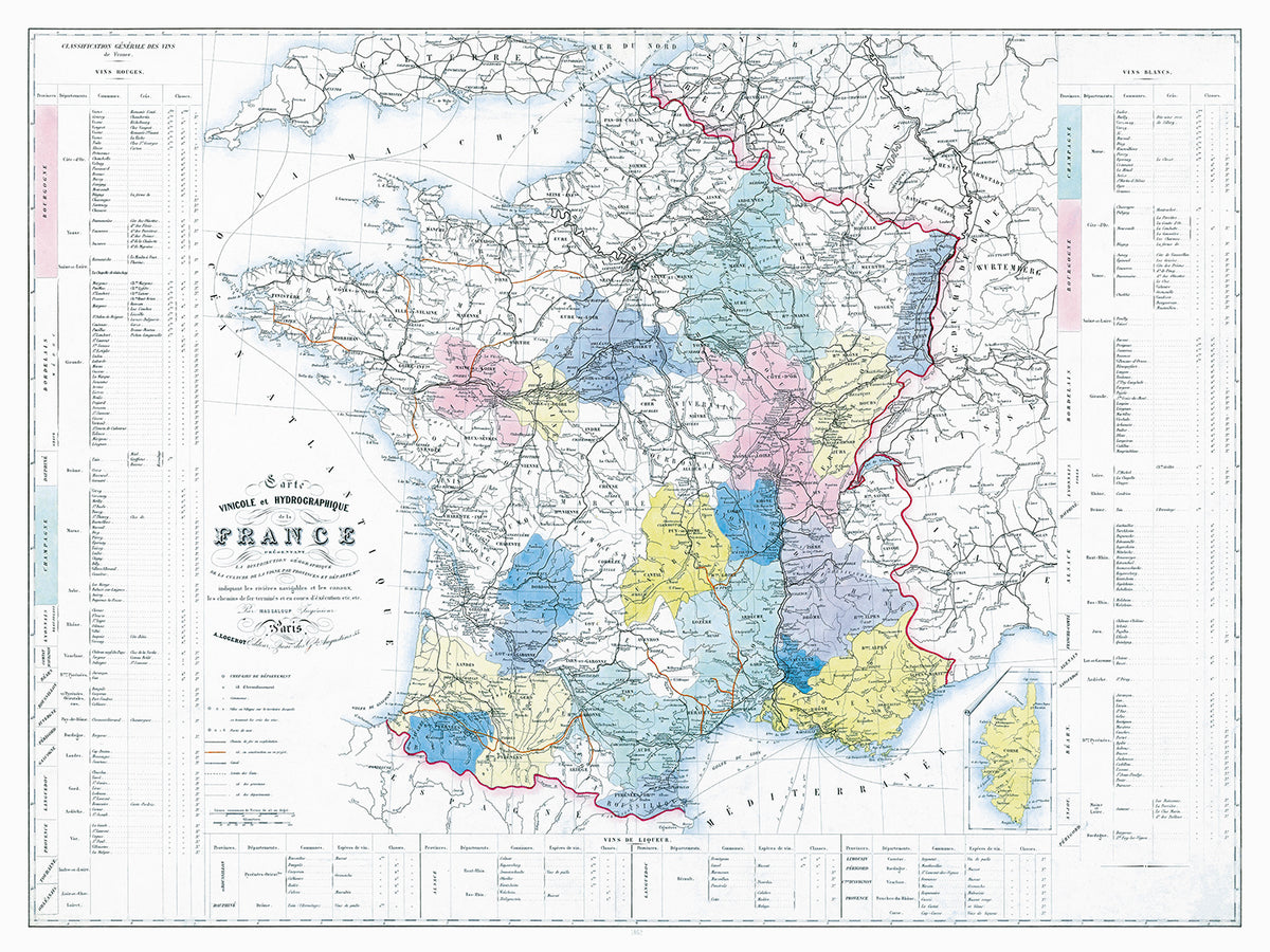 Carte VINICOLE et HYDROGRAPHIQUE de la FRANCE - 120 x 90 cm (reproduction ancienne carte scolaire)